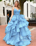 Lake Blue Glitter Layers Evening Dress Spaghetti Straps Rhinestones Sparkly Prom Dress ARD2570-SheerGirl