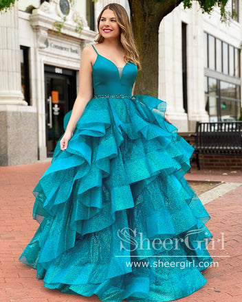 Lake Blue Glitter Layers Evening Dress Spaghetti Straps Rhinestones Sparkly Prom Dress ARD2570-SheerGirl