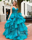 Lake Blue Glitter Layers Evening Dress Spaghetti Straps Rhinestones Sparkly Prom Dress ARD2570
