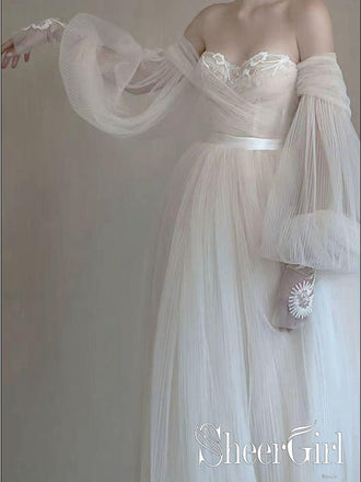 Lavish Beadings Bohemian Wedding Dress with Sleeves Pleated Tulle Detachable Skirt Wedding Gown AWD1630-SheerGirl