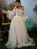 Lavish Beadings Bohemian Wedding Dress with Sleeves Pleated Tulle Detachable Skirt Wedding Gown AWD1630-SheerGirl