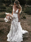 Lujoso vestido de novia sirena con cintura caída y cola de ilusión larga llamativa AWD1825 