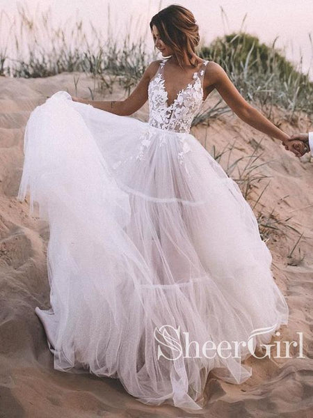 layered tulle skirt wedding dress Layered Tulle Skirt Lace Beach Wedding Dress Bridal Gown WD469 US10 / Custom Color