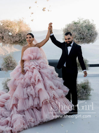 Layers Tulle Ball Gown Wedding Dress Drama Pink Wedding Dress AWD1919-SheerGirl
