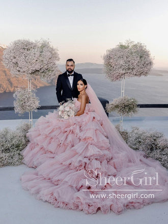 Layers Tulle Ball Gown Wedding Dress Drama Pink Wedding Dress AWD1919-SheerGirl