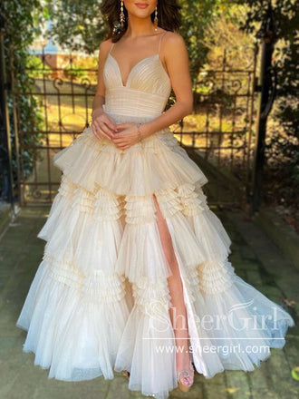 Leg Slit Ruffles Ball Gown Sweetheart Layered Prom Dress ARD2669-SheerGirl