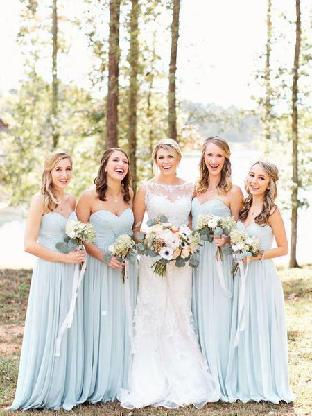 fitted lace wedding dress Light Blue Chiffon A-line V-neck Long Bridesmaid Dresses With Slit, MBD206