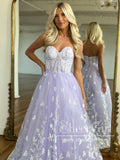 Light Blue Butterfly Lace A Line Prom Dresses Strapless Sparkly Long Party Dress ARD2896-SheerGirl