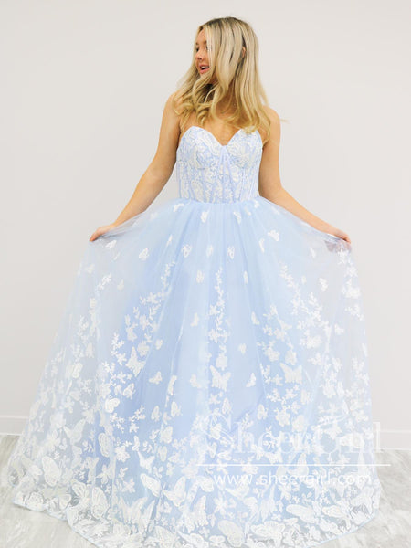 Light Blue Butterfly Lace A Line Prom Dresses Strapless Sparkly Long P   SheerGirl