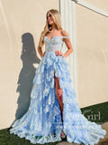 Light Blue Floral Lace A Line Prom Dresses Off the Shoulder Ruffled Long Formal Dress ARD2898-SheerGirl