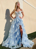 Light Blue Floral Lace A Line Prom Dresses Off the Shoulder Ruffled Long Formal Dress ARD2898-SheerGirl