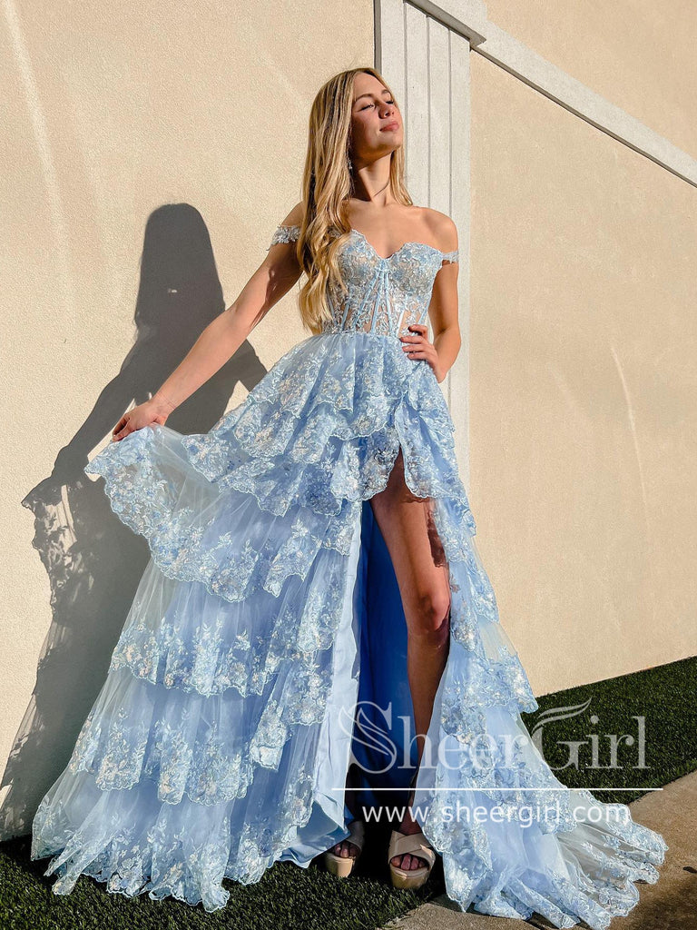 Light Blue Floral Lace A Line Prom Dresses Off the Shoulder Ruffled Lo –  SheerGirl