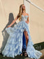 Light Blue Floral Lace A Line Prom Dresses Off the Shoulder Ruffled Long Formal Dress ARD2898