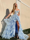 Light Blue Floral Lace A Line Prom Dresses Off the Shoulder Ruffled Long Formal Dress ARD2898-SheerGirl
