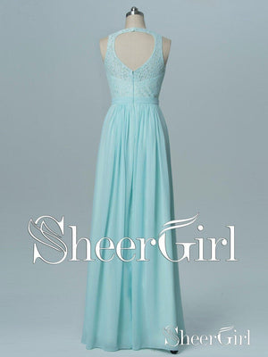 Light Blue Lace Open Back Long Chiffon Bridesmaid Dress APD3249-SheerGirl
