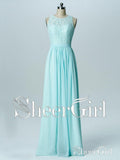 Light Blue Lace Open Back Long Chiffon Bridesmaid Dress APD3249-SheerGirl
