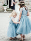 Světle modré organzové levné dívčí šaty s krajkou ARD1285 