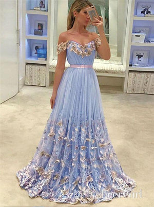 Light Blue Prom Dresses Lace Appliqued Off the Shoulder Long Prom Dress ARD1321-SheerGirl