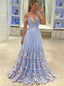 Světle modré plesové šaty krajka s aplikací přes rameno dlouhé plesové šaty ARD1321 