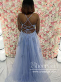 Light Blue Spaghetti Straps Sweetheart Neck Appliqued Ball Gown Long Prom Dress ARD2925-SheerGirl