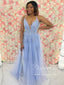 Light Blue Spaghetti Straps Sweetheart Neck Appliqued Ball Gown Long Prom Dress ARD2925