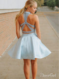 Light Blue Two Piece Mini Homecoming Dresses with Pocket Halter Beaded Hoco Dress ard1709-SheerGirl