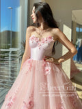 Light Pink 3D Flowers A Line Prom Dresses Strapless Sparkly Long Formal Dress ARD2882-SheerGirl