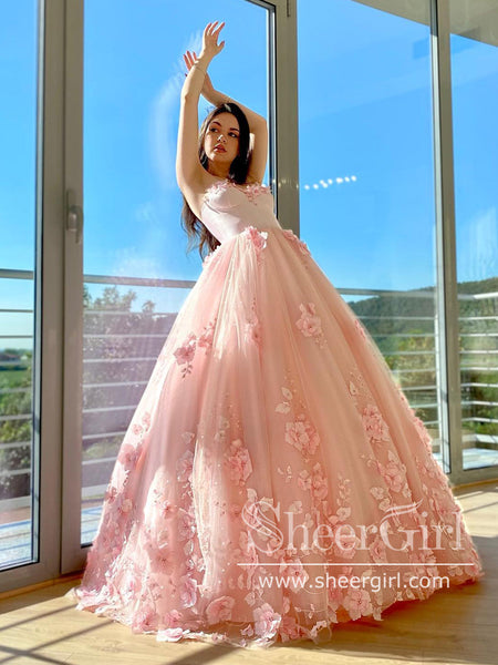 Light Pink 3D Flowers A Line Prom Dresses Strapless Sparkly Long Forma –  SheerGirl
