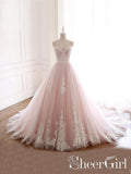 Light Pink Tulle Iovry Appliqued Quinceanera Dress Sweet Heart Neckline Cathedral Train Wedding Dress AWD1705-SheerGirl