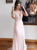 Light Pink Wedding Guest Dresses V Neck Beaded Prom Dresses Evening Gowns APD3477-SheerGirl