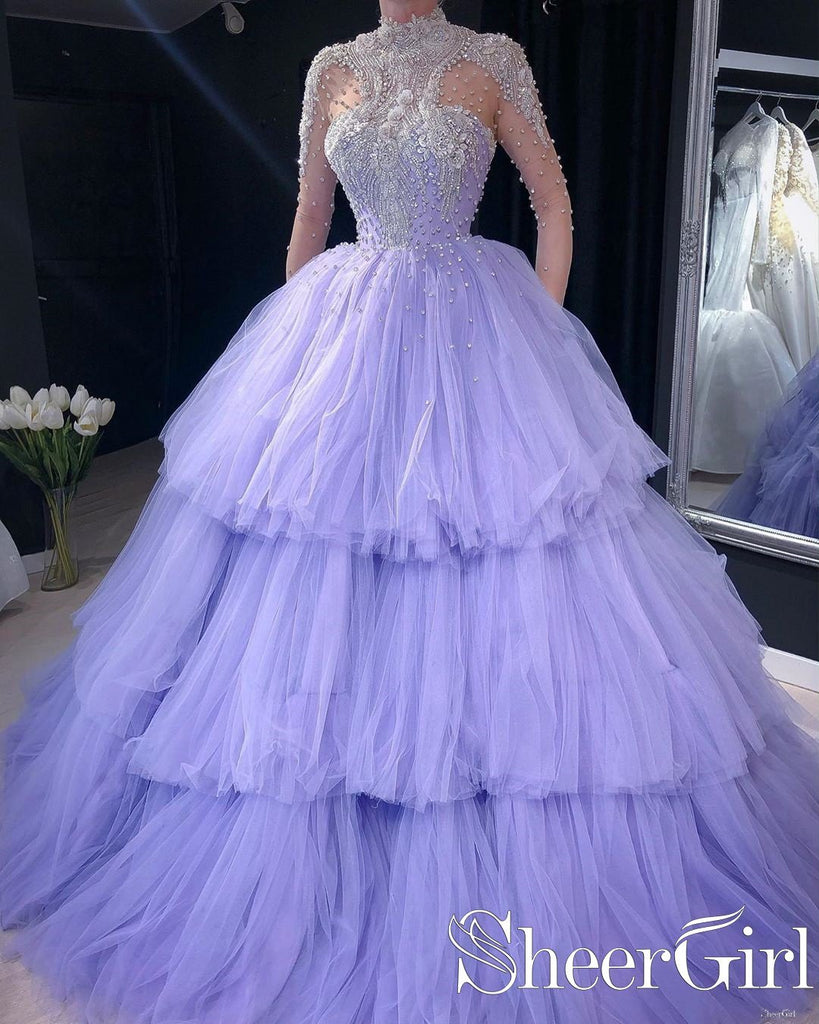 2023 V Neck Backless Purple Tulle Appliques Long Prom Dress – Sassymyprom