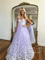 Lilac Butterfly Lace A Line Prom Dresses Strapless Sparkly Long Party Dress ARD2896