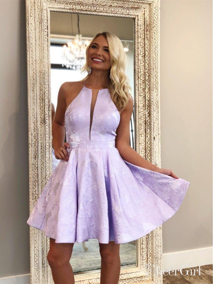 Lilac Jacquard Floral Homecoming Dresses with Pocket Halter Graduation Dress ARD1469