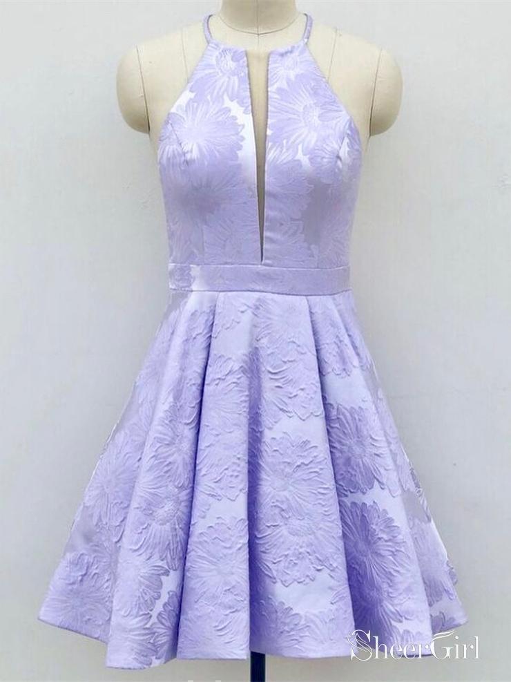 Lilac Jacquard Floral Homecoming Dresses with Pocket Halter Graduation Dress ARD1469-SheerGirl
