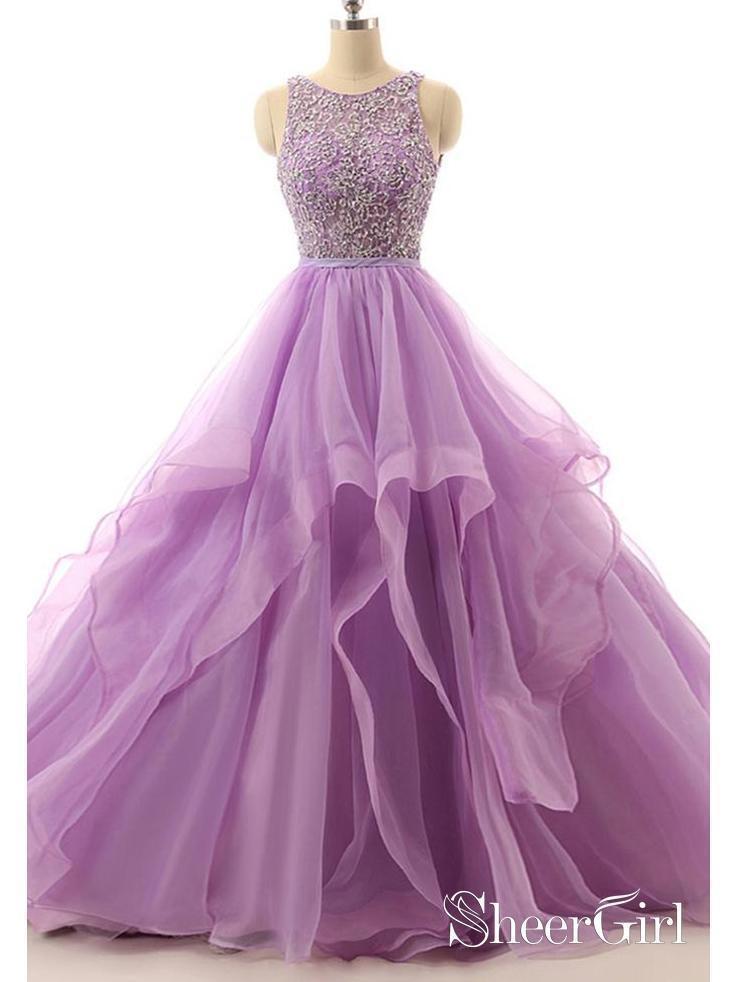 Lilac Lace Beaded Plus Size Prom Dresses Long Organza Quinceanera Ball  Gowns Cheap ARD1059