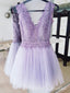 Lilac Lace Short Homecoming Dresses Tulle V Neck Simple Short Prom Dresses APD3516