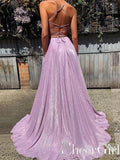 Lilac Shimmering Fabric Floor Length Party Dress Deep V Neck Lace Up Back Prom Dress ARD2528-SheerGirl