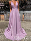 Vestido de fiesta hasta el suelo de tela brillante color lila, vestido de fiesta con escote en V profundo y cordones en la espalda ARD2528 