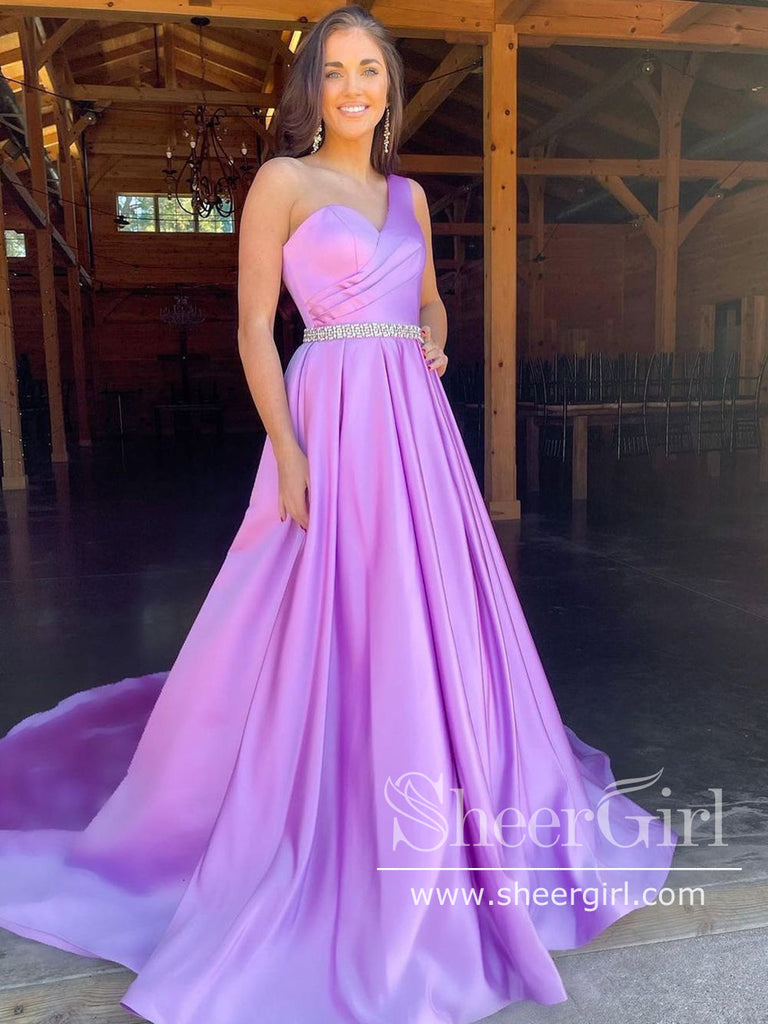 Lilac Single Shoulder A Line Satin Prom Dress Party Dress with Jeweled Sash ARD2927-SheerGirl