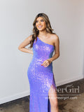 Lilac Single Shoulder Sparkly Prom Dresses with Slit Sheath Formal Dress Party Dress ARD2930-SheerGirl