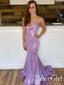 Vestido de fiesta largo de sirena ajustado con cuello pronunciado plisado brillante lila ARD2561 
