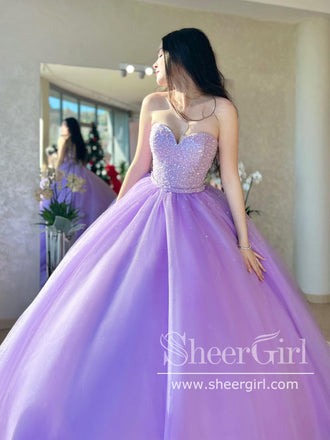 Lilac Sparkly Tulle Ball Gown Beaded Bodice Long Prom Dress in Floor Length ARD2892-SheerGirl