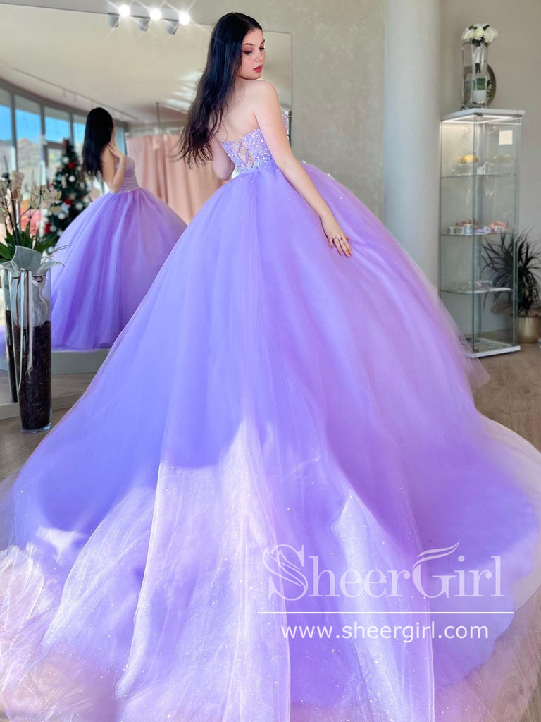 Lilac Sparkly Tulle Ball Gown Beaded Bodice Long Prom Dress in Floor Length ARD2892-SheerGirl