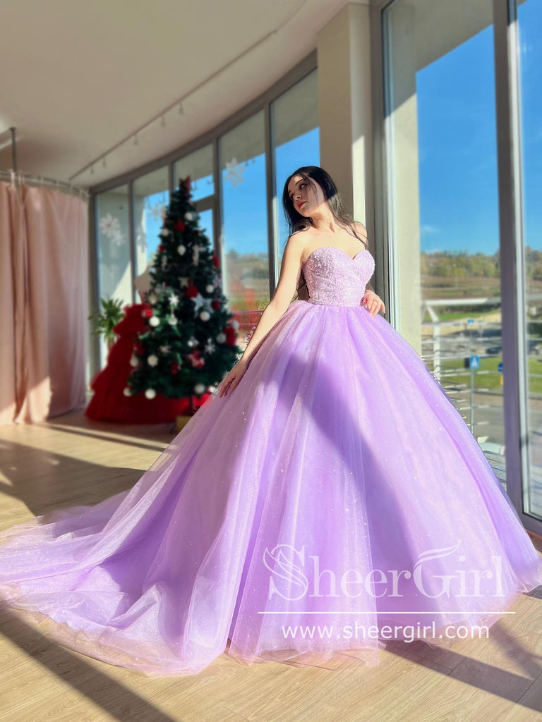 Lilac Sparkly Tulle Ball Gown Beaded Bodice Long Prom Dress in Floor Length ARD2892-SheerGirl