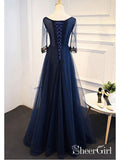 Long A Line Navy Blue Formal Evening Ball Gowns Appliqued Half Sleeve Prom Dresses ARD1046-SheerGirl