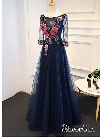 Long A Line Navy Blue Formal Evening Ball Gowns Appliqued Half Sleeve Prom Dresses ARD1046-SheerGirl