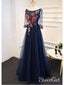 Long A Line Navy Blue Formal Evening Ball Gowns Appliqued Half Sleeve Prom Dresses ARD1046