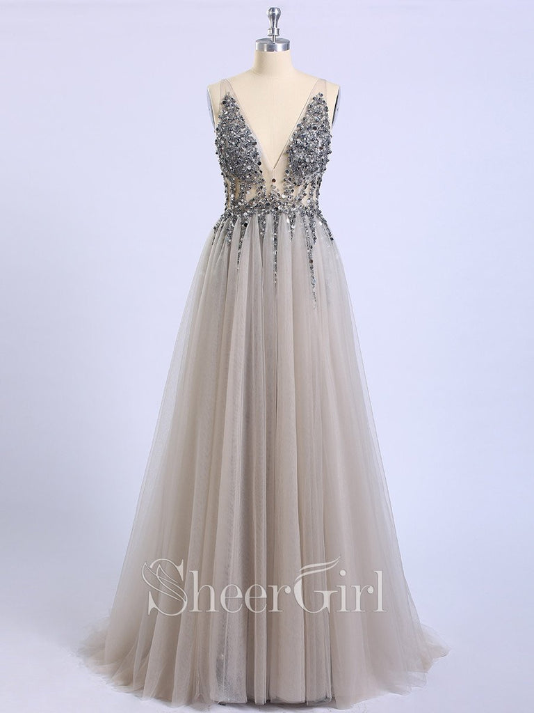 Long Backless Grey Sexy Prom Dresses with Slit Rhinestone See Through Evening Gowns APD3296-SheerGirl