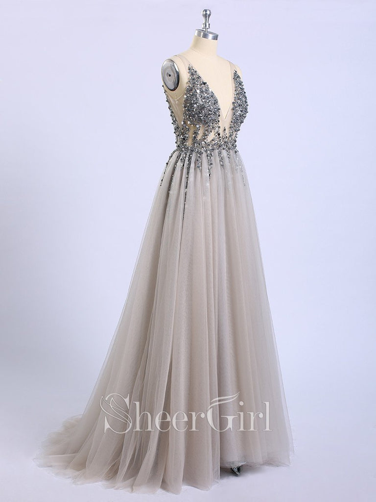 Long Backless Grey Sexy Prom Dresses with Slit Rhinestone See Through Evening Gowns APD3296-SheerGirl