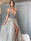 Long Backless Grey Sexy Prom Dresses with Slit Rhinestone See Through Evening Gowns APD3296